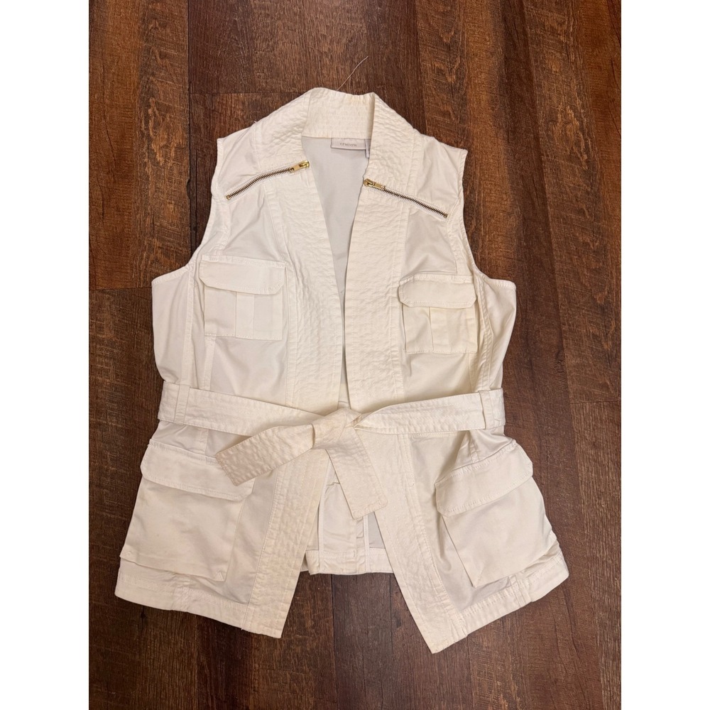 Chico's Size 1 Med White Belted Utility Safari Vest Gold Zippers Cotton Stretch